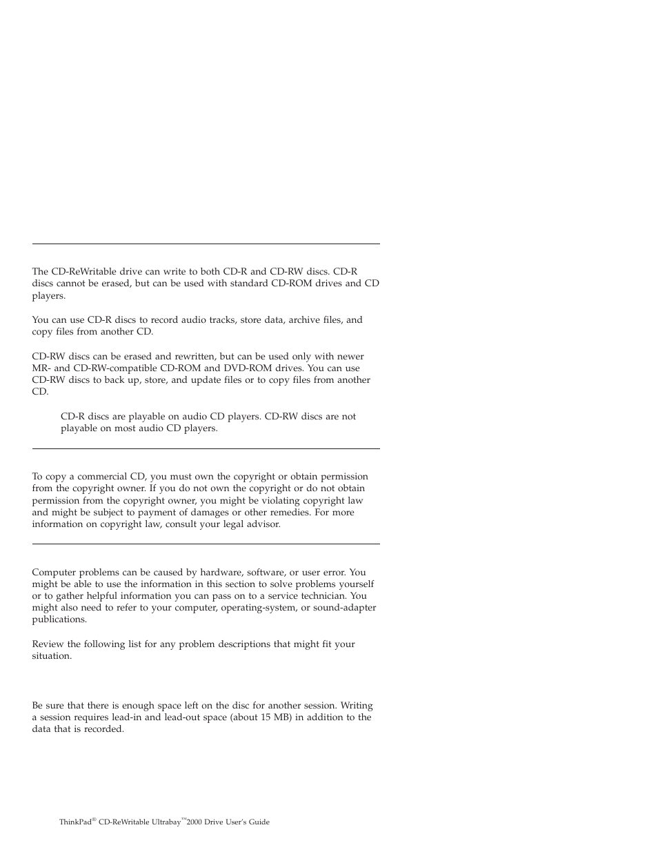 Using cd-r and cd-rw discs, Backing up a cd, Problem solving | IBM THINKPAD 2000 User Manual | Page 14 / 88
