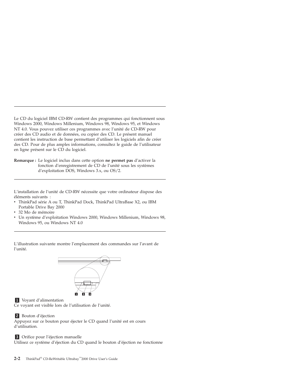 Description des logiciels, Conditions nécessaires à l’installation, Localisation des commandes de l’unité | IBM THINKPAD 2000 User Manual | Page 18 / 88