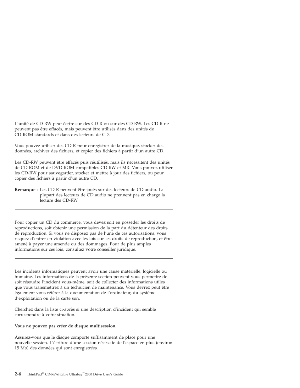 Utilisation de disques cd-r et cd-rw, Sauvegarde d’un cd, Résolution des incidents | IBM THINKPAD 2000 User Manual | Page 22 / 88