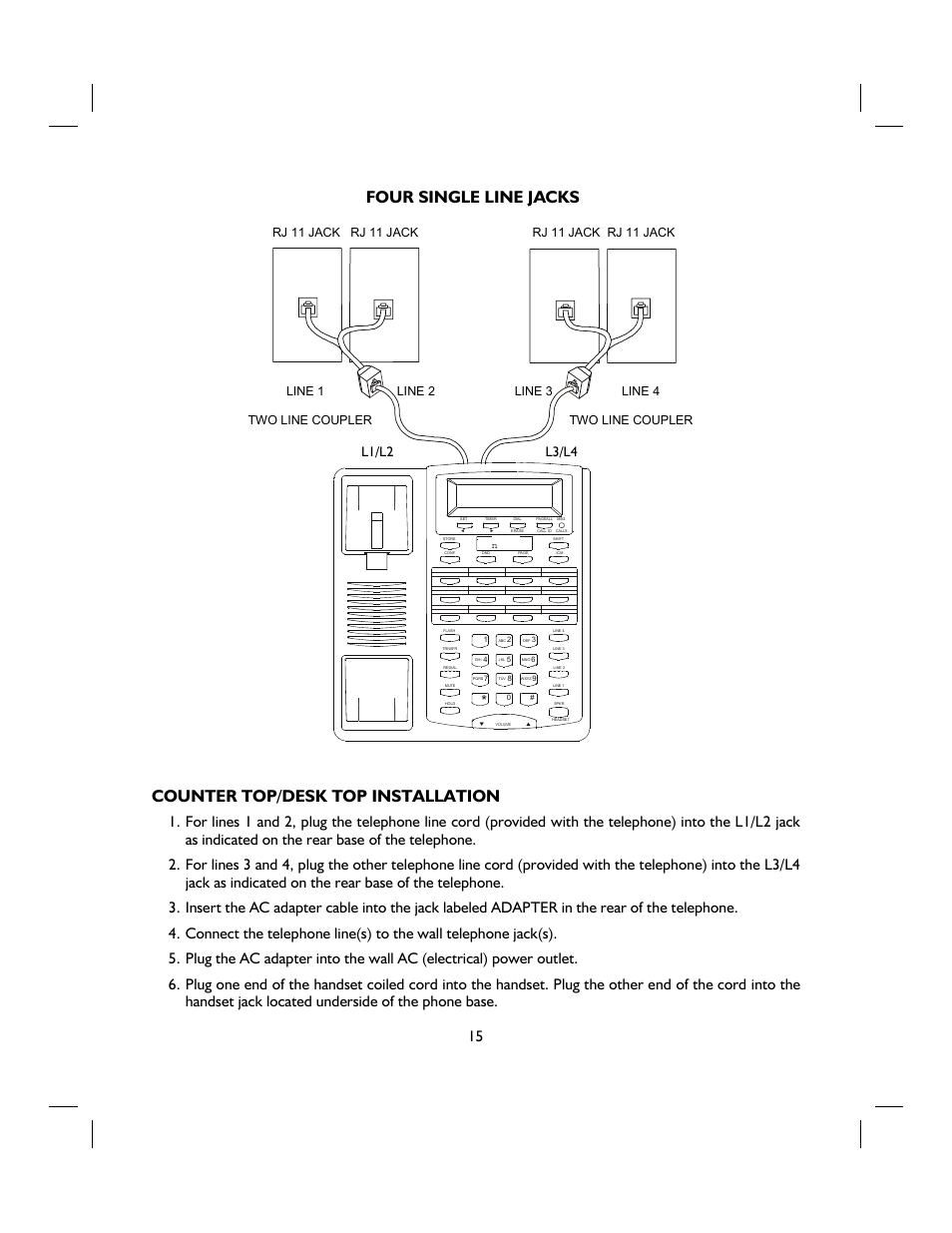 Counter top/desk top installation, Four single line jacks, L1/l2 l3/l4 | IBM 4 LINE TELEPHONE WITH CALLER ID -412CID User Manual | Page 15 / 43