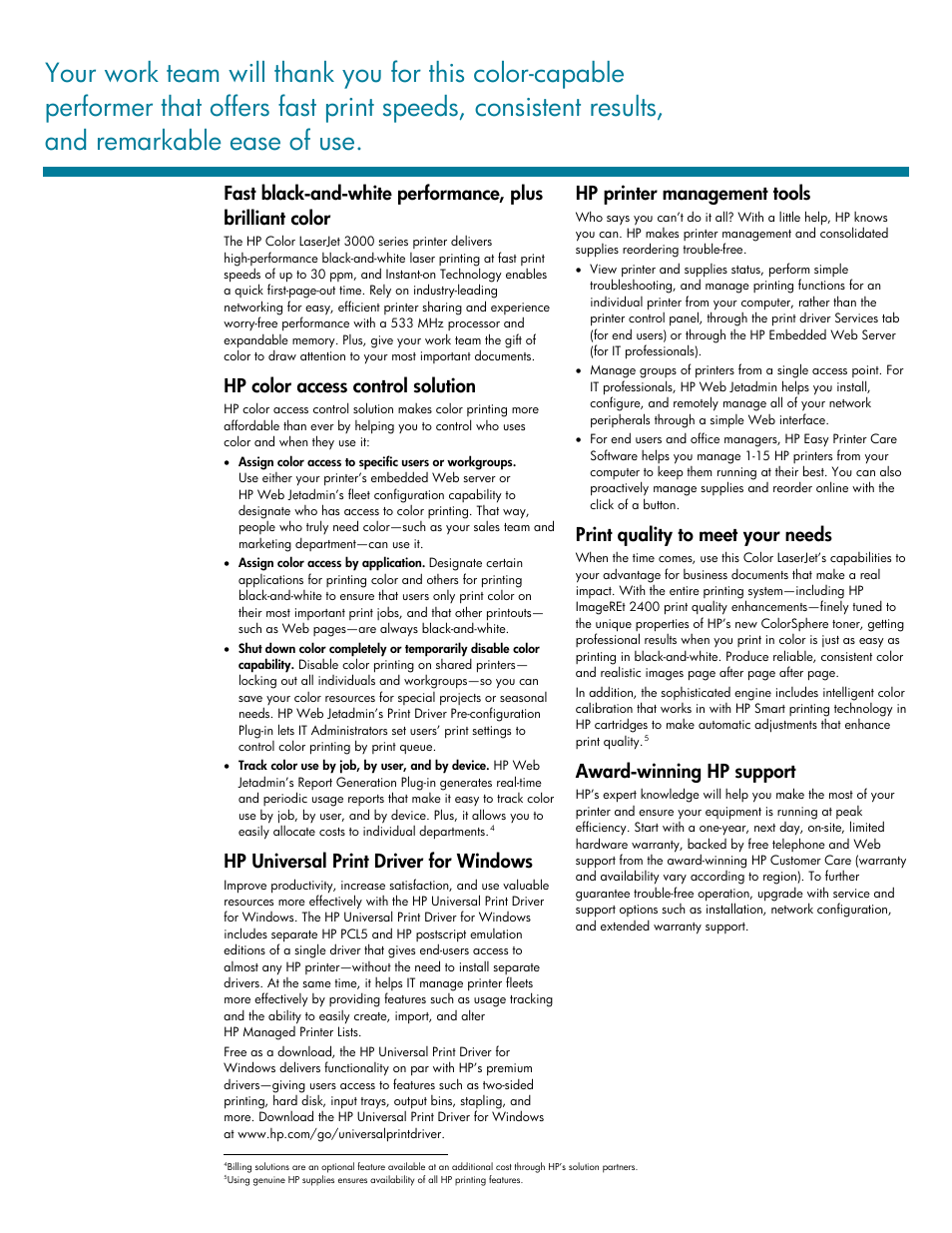 Hp color access control solution, Hp universal print driver for windows, Hp printer management tools | Print quality to meet your needs, Award-winning hp support | IBM 3000 series User Manual | Page 3 / 4