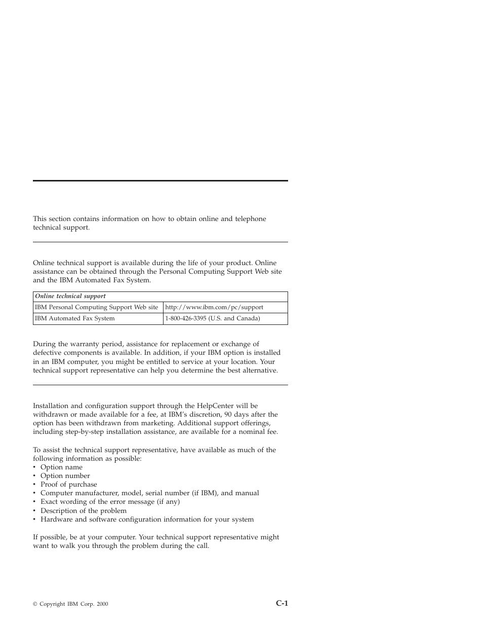 Appendix c. help and service information, Online technical support, Telephone technical support | IBM 48X-20X User Manual | Page 29 / 50