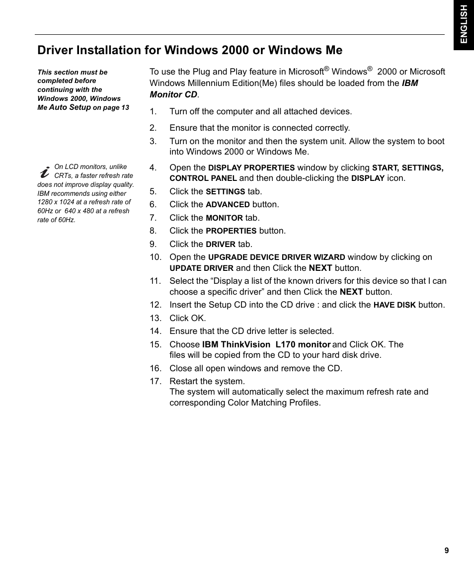Driver installation for windows 2000 or windows me | IBM L170m User Manual | Page 11 / 32