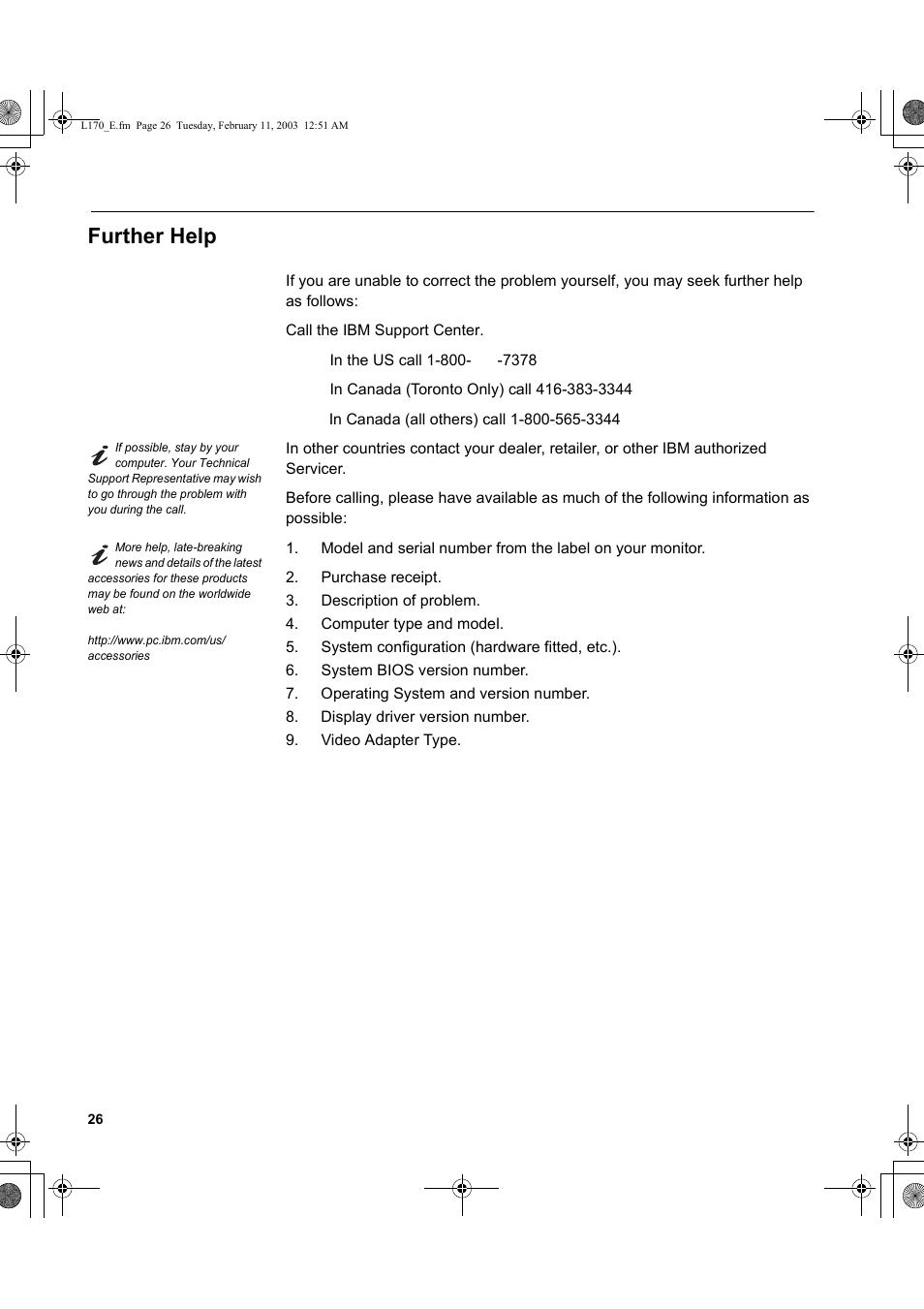 Further help | IBM L170m User Manual | Page 28 / 32