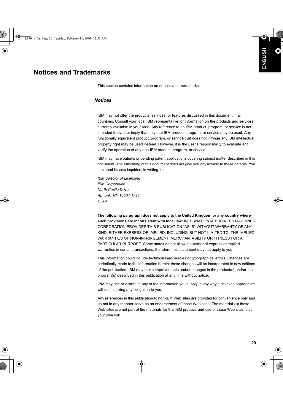 Notices and trademarks, Notices | IBM L170m User Manual | Page 31 / 32