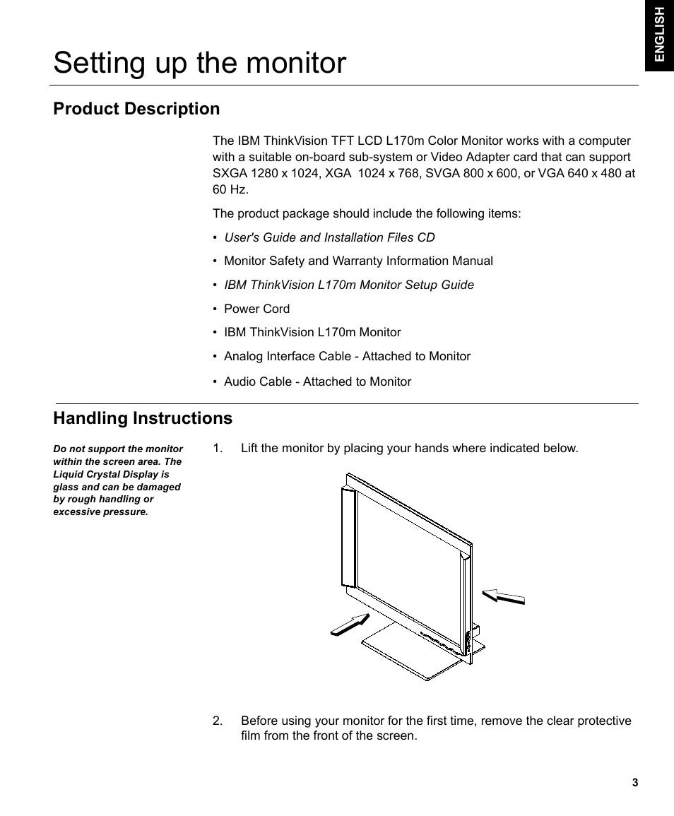 Setting up the monitor, Product description, Handling instructions | IBM L170m User Manual | Page 5 / 32
