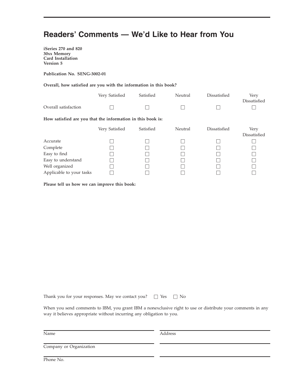 Readers’ comments — we'd like to hear from you, Readers’ comments — we’d like to hear from you | IBM iSeries 270 and 820 SENG-3002-01 User Manual | Page 27 / 30