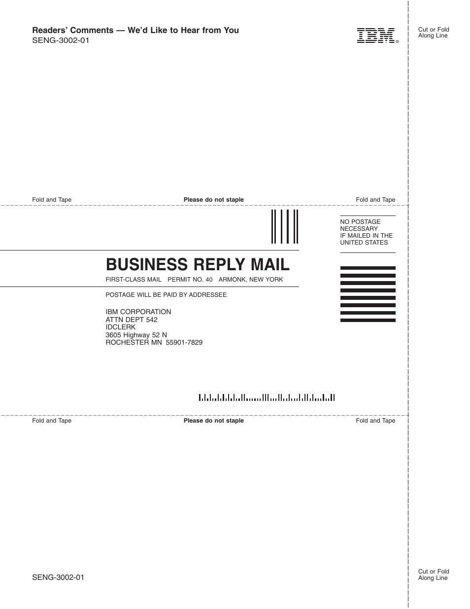 Business reply mail | IBM iSeries 270 and 820 SENG-3002-01 User Manual | Page 28 / 30
