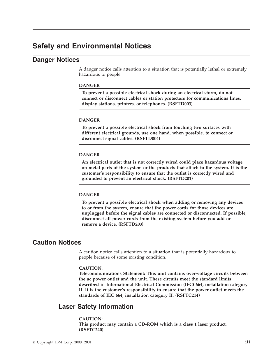 Safety and environmental notices, Danger notices, Caution notices | Laser safety information | IBM iSeries 270 and 820 SENG-3002-01 User Manual | Page 5 / 30