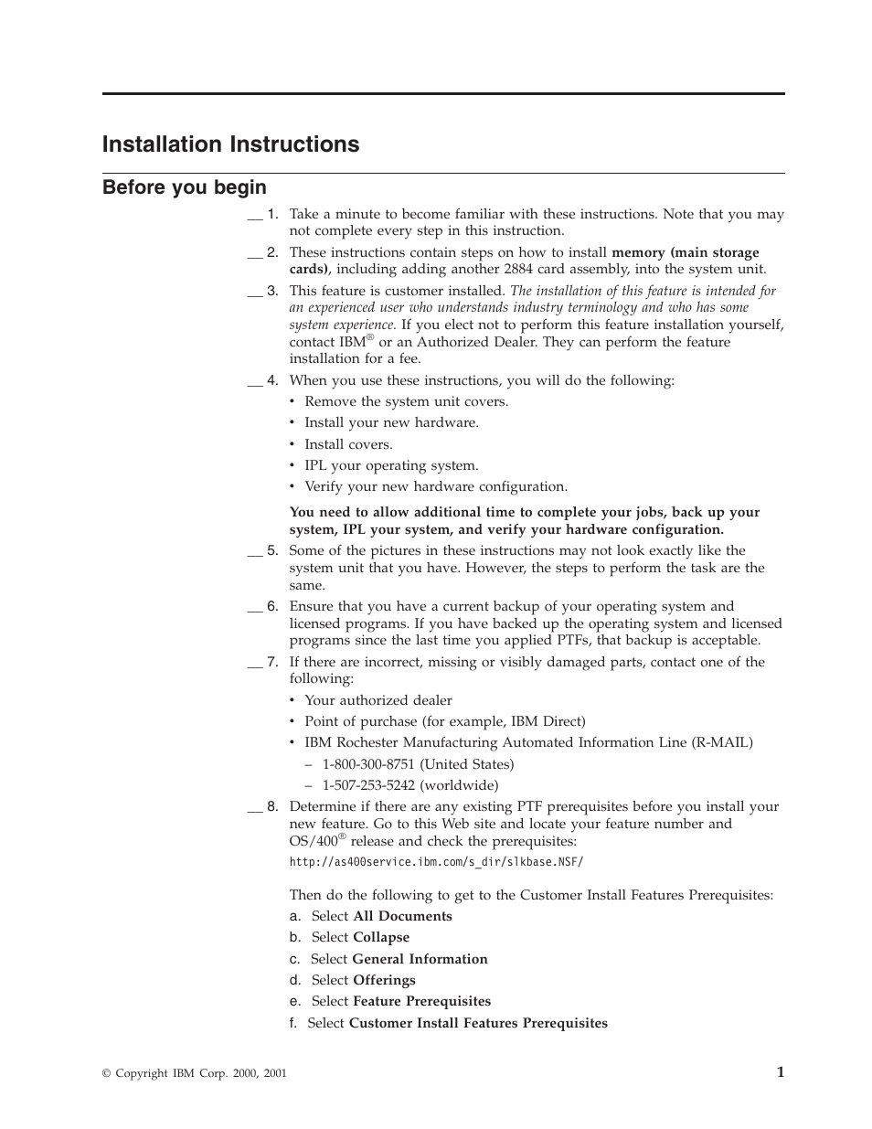 Installation instructions, Before you begin | IBM iSeries 270 and 820 SENG-3002-01 User Manual | Page 7 / 30
