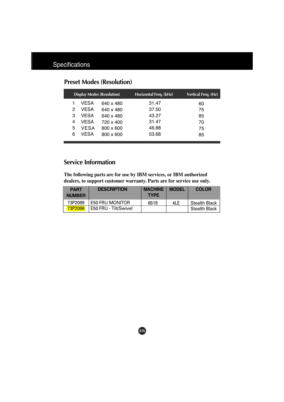 Specifications preset modes (resolution), Service information | IBM 6518 - 4LE User Manual | Page 19 / 19
