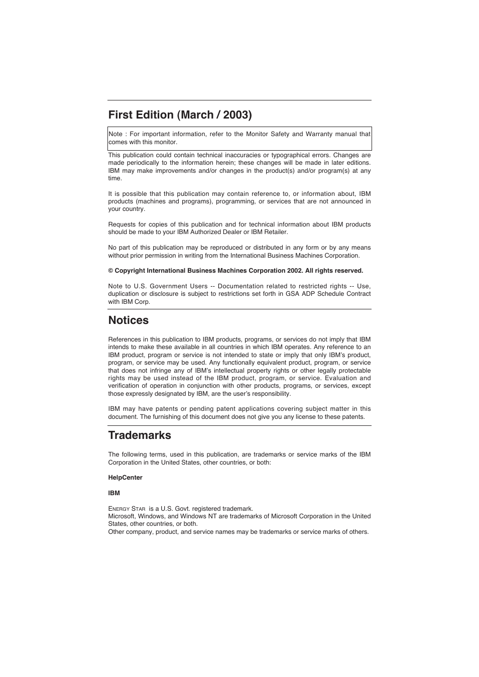 First edition (march / 2003), Notices, Trademarks | IBM 6518 - 4LE User Manual | Page 3 / 19