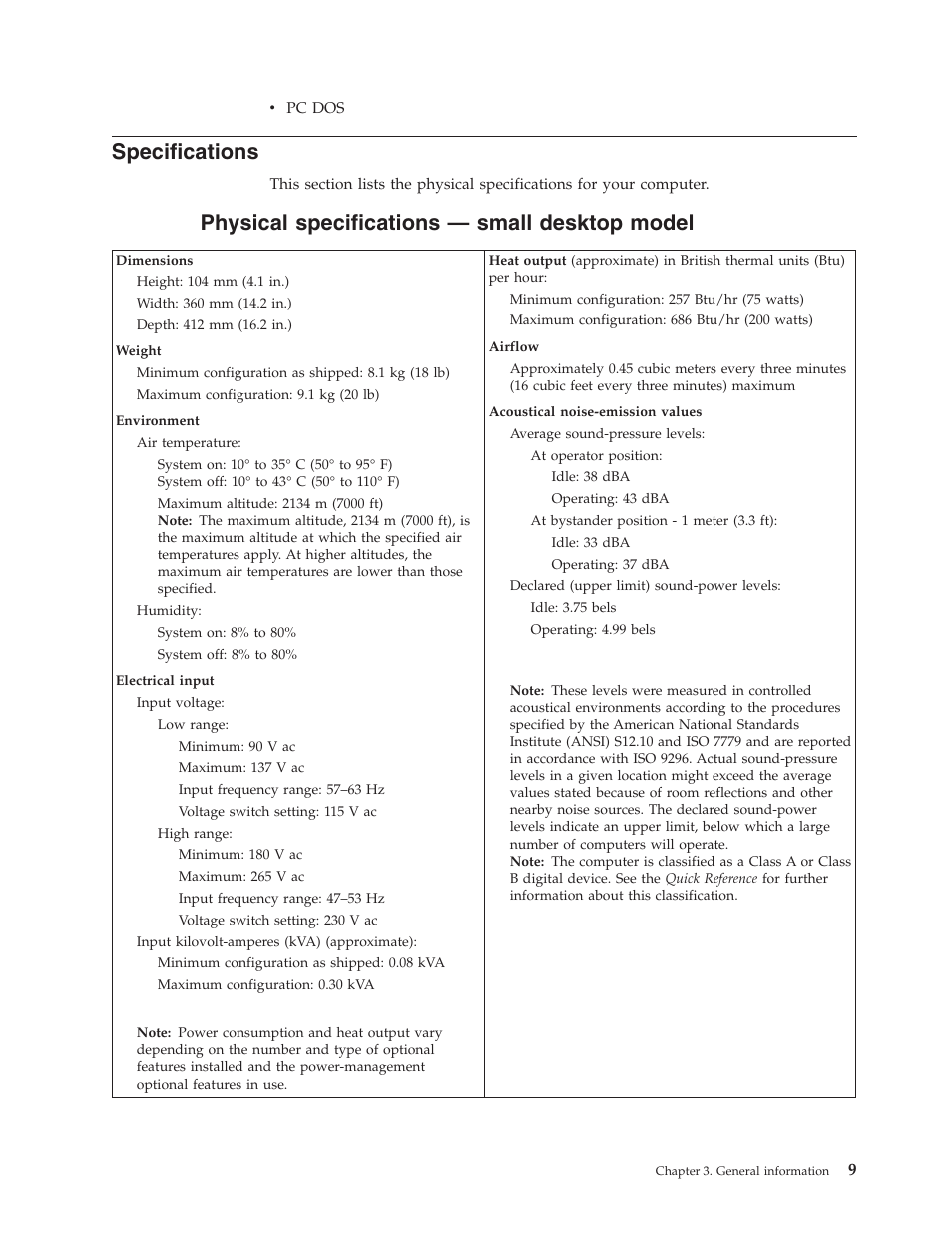 Specifications, Physical specifications — small desktop model, Physical | Small, Desktop, Model | IBM 2292 User Manual | Page 15 / 230