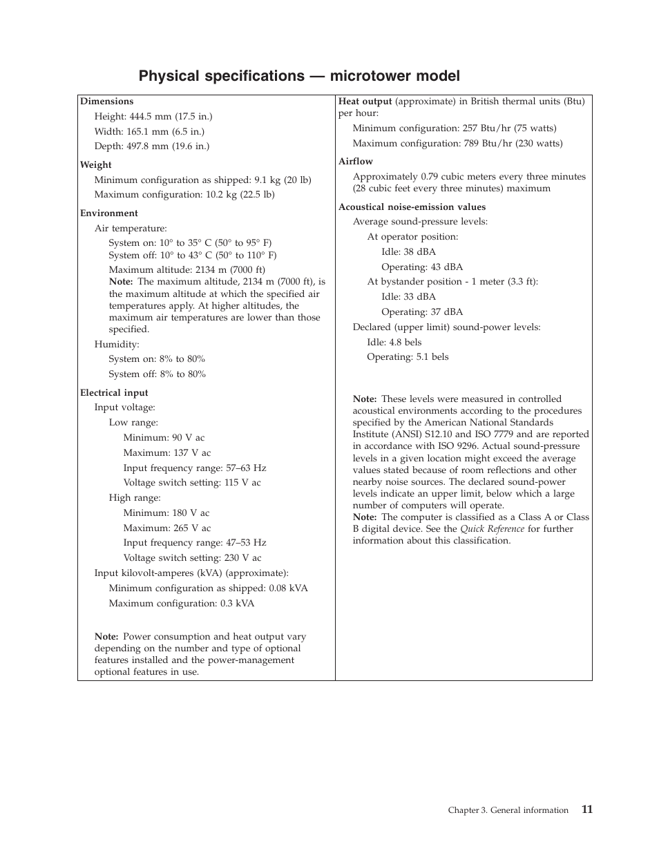 Physical specifications — microtower model, Physical, Specifications | Microtower, Model | IBM 2292 User Manual | Page 17 / 230