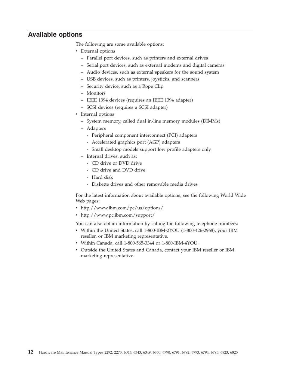 Available options, Available, Options | IBM 2292 User Manual | Page 18 / 230