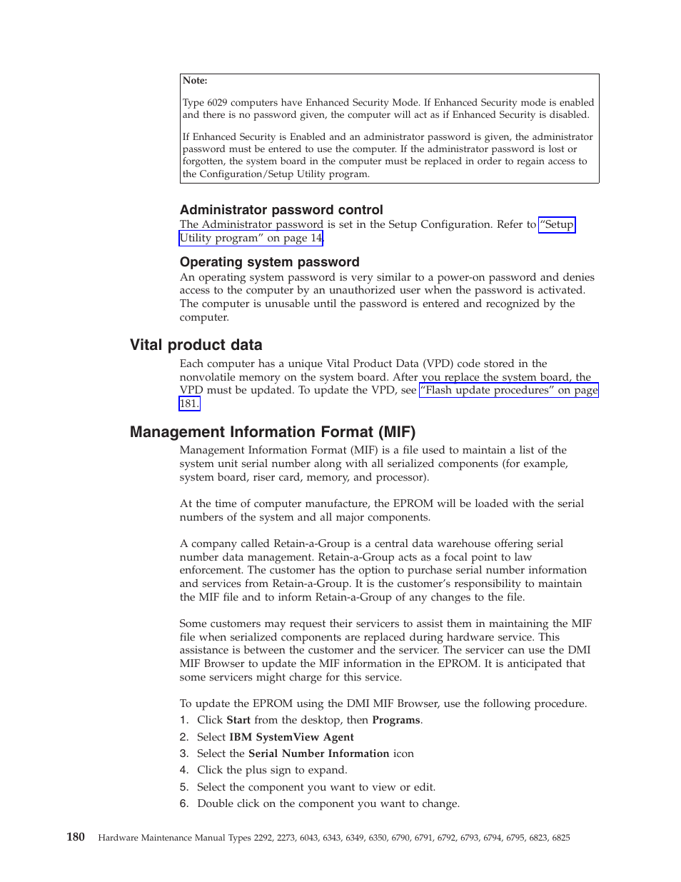 Administrator password control, Operating system password, Vital product data | Management information format (mif), Vital, Product, Data, Management, Information, Format | IBM 2292 User Manual | Page 186 / 230