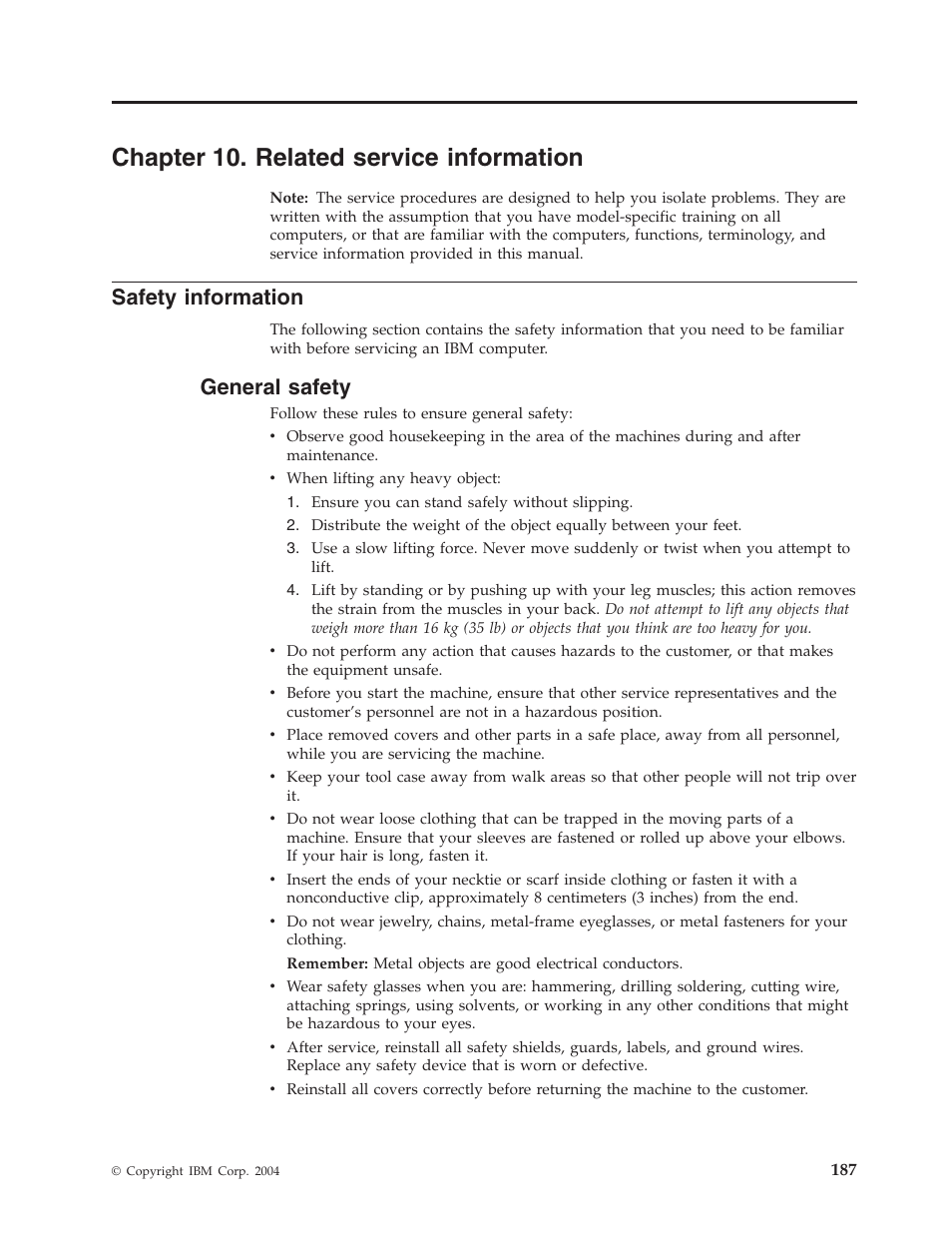Chapter 10. related service information, Safety information, General safety | Chapter, Related, Service, Information, Safety, General | IBM 2292 User Manual | Page 193 / 230