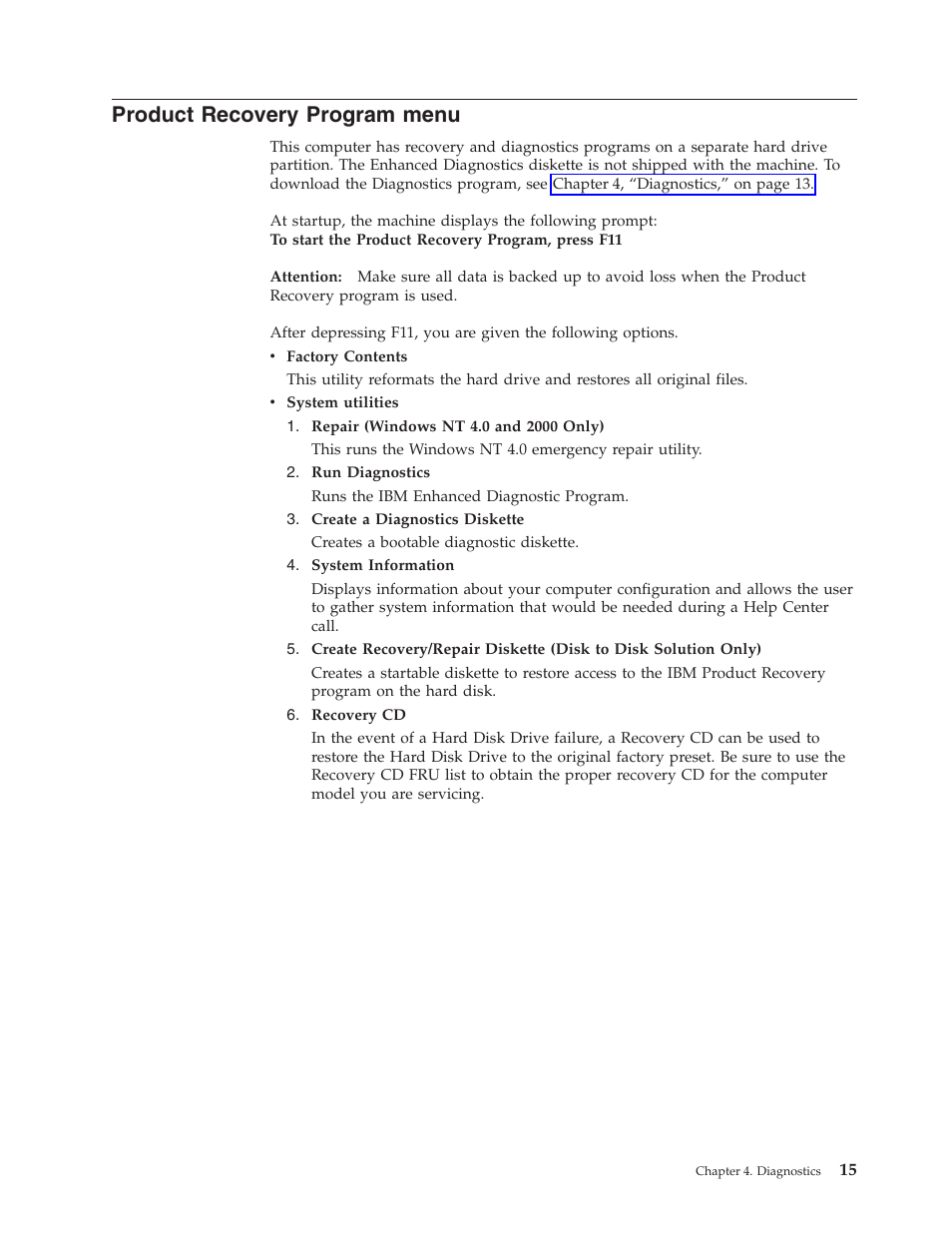 Product recovery program menu, Product, Recovery | Program, Menu | IBM 2292 User Manual | Page 21 / 230