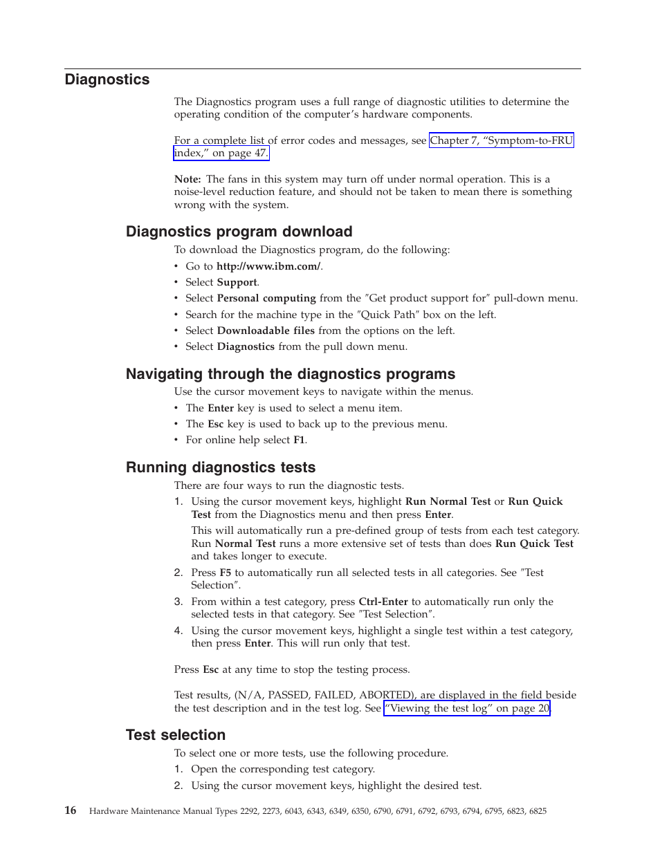 Diagnostics, Diagnostics program download, Navigating through the diagnostics programs | Running diagnostics tests, Test selection, Program, Download, Navigating, Through, Programs | IBM 2292 User Manual | Page 22 / 230