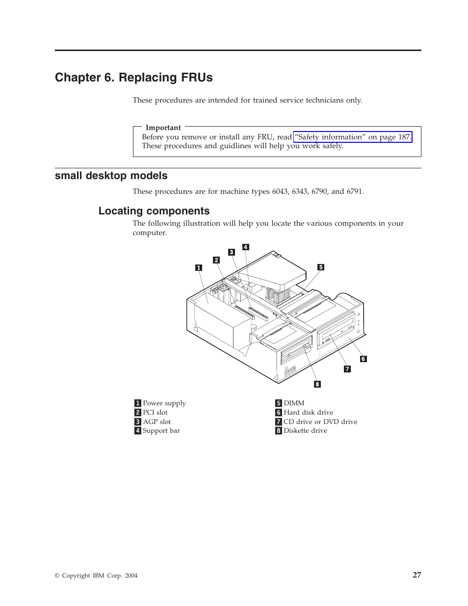 Chapter 6. replacing frus, Small desktop models, Locating components | Chapter, Replacing, Frus, Small, Desktop, Models, Locating | IBM 2292 User Manual | Page 33 / 230