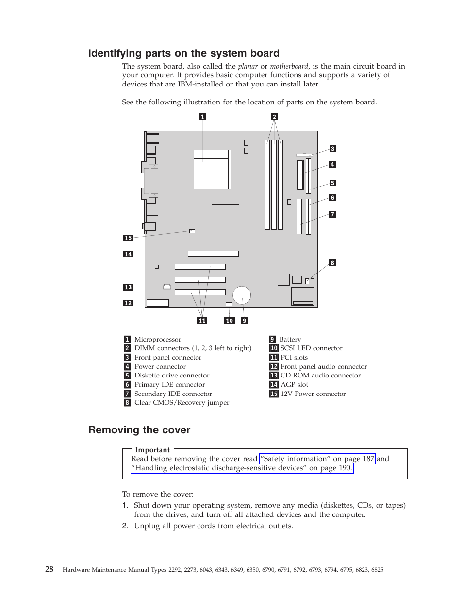 Identifying parts on the system board, Removing the cover, Identifying | Parts, System, Board, Removing, Cover | IBM 2292 User Manual | Page 34 / 230
