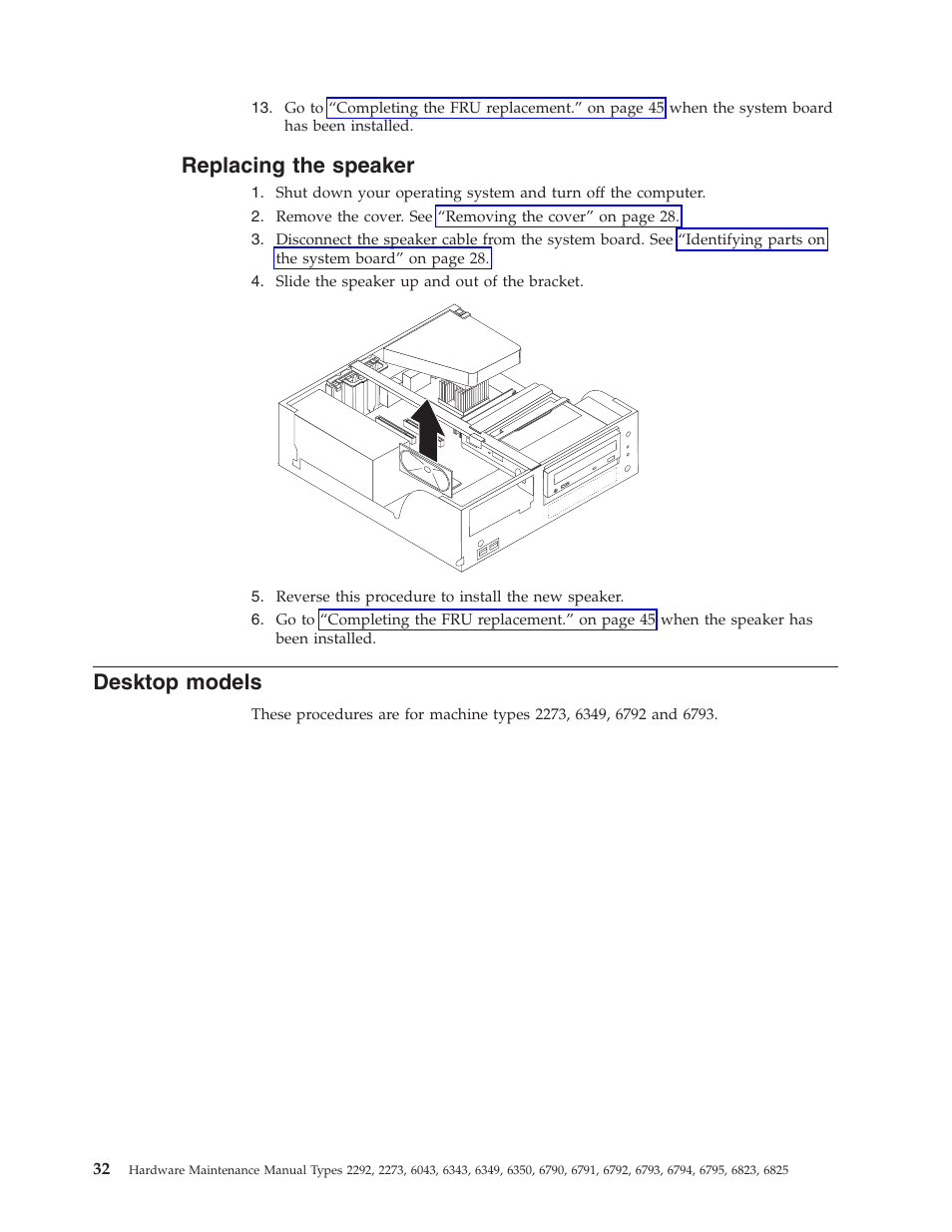 Replacing the speaker, Desktop models, Replacing | Speaker, Desktop, Models | IBM 2292 User Manual | Page 38 / 230