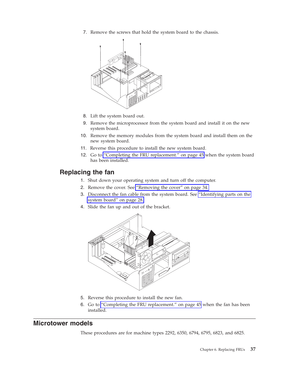 Replacing the fan, Microtower models, Replacing | Microtower, Models | IBM 2292 User Manual | Page 43 / 230
