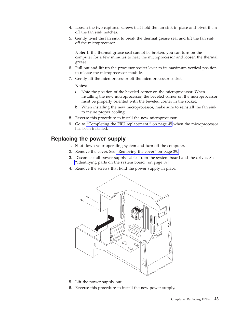 Replacing the power supply, Replacing, Power | Supply | IBM 2292 User Manual | Page 49 / 230