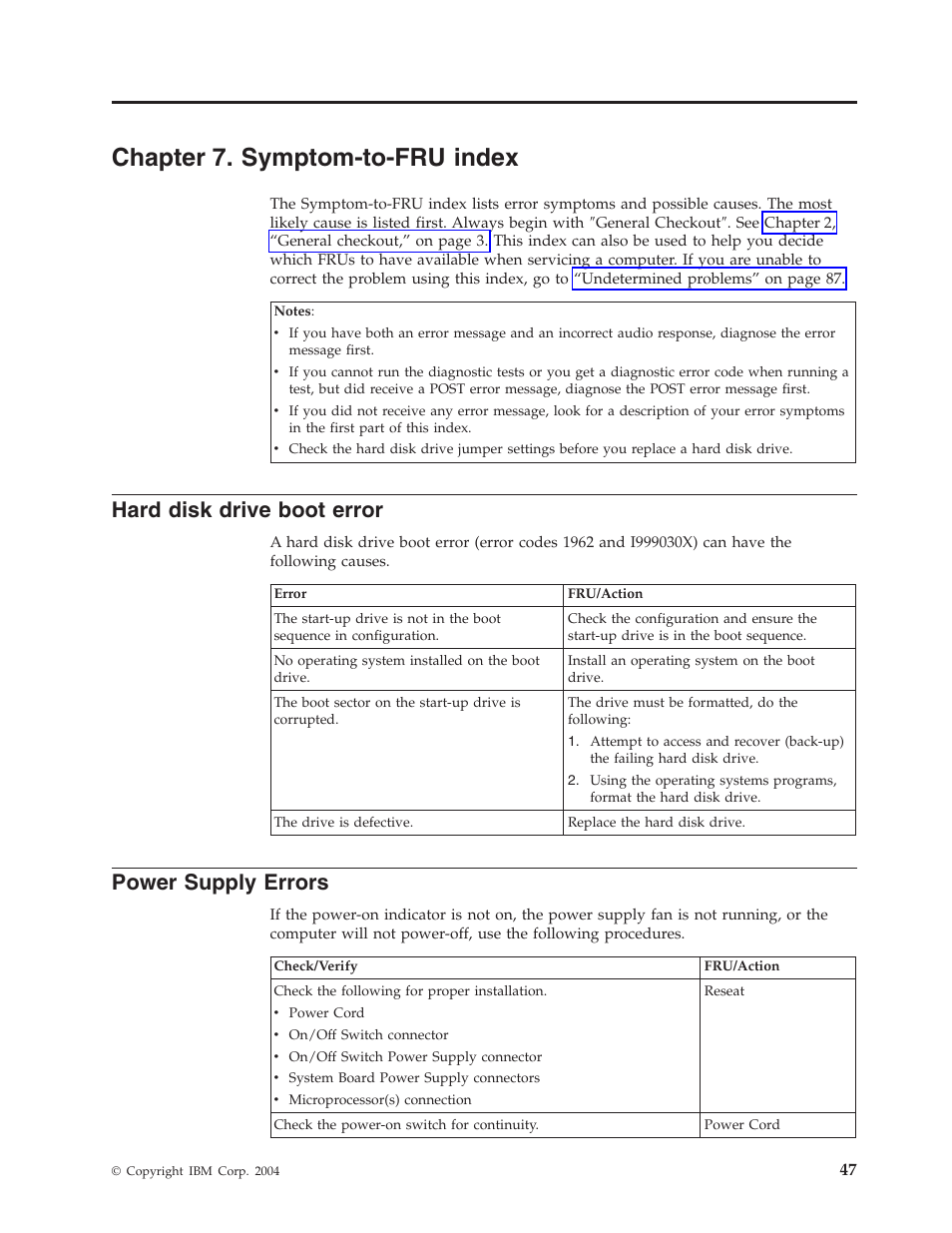 Chapter 7. symptom-to-fru index, Hard disk drive boot error, Power supply errors | Chapter, Symptom-to-fru, Index, Hard, Disk, Drive, Boot | IBM 2292 User Manual | Page 53 / 230