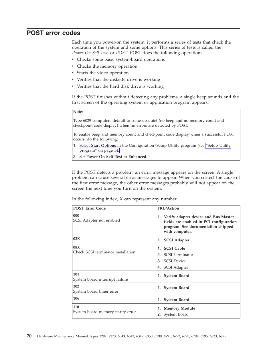 Post error codes, Post, Error | Codes | IBM 2292 User Manual | Page 76 / 230