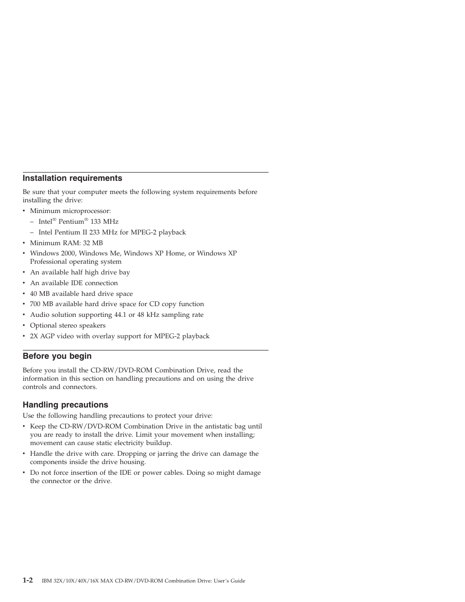 Installation requirements, Before you begin, Handling precautions | IBM 22P6975 User Manual | Page 12 / 54
