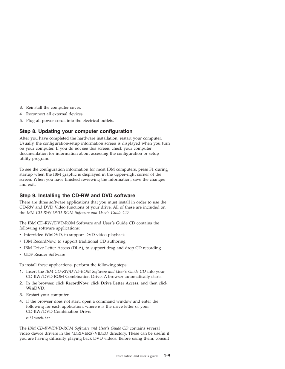 Step 8. updating your computer configuration, Step 9. installing the cd-rw and dvd software | IBM 22P6975 User Manual | Page 19 / 54