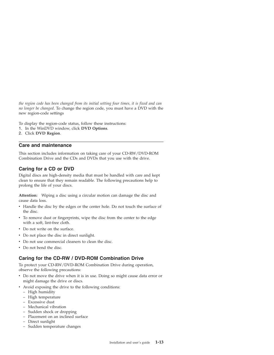 Care and maintenance, Caring for a cd or dvd, Caring for the cd-rw / dvd-rom combination drive | IBM 22P6975 User Manual | Page 23 / 54