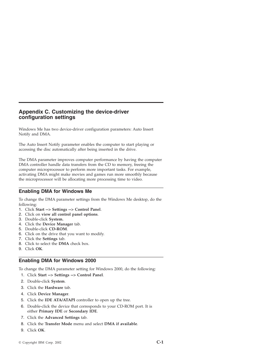 Enabling dma for windows me, Enabling dma for windows 2000 | IBM 22P6975 User Manual | Page 31 / 54