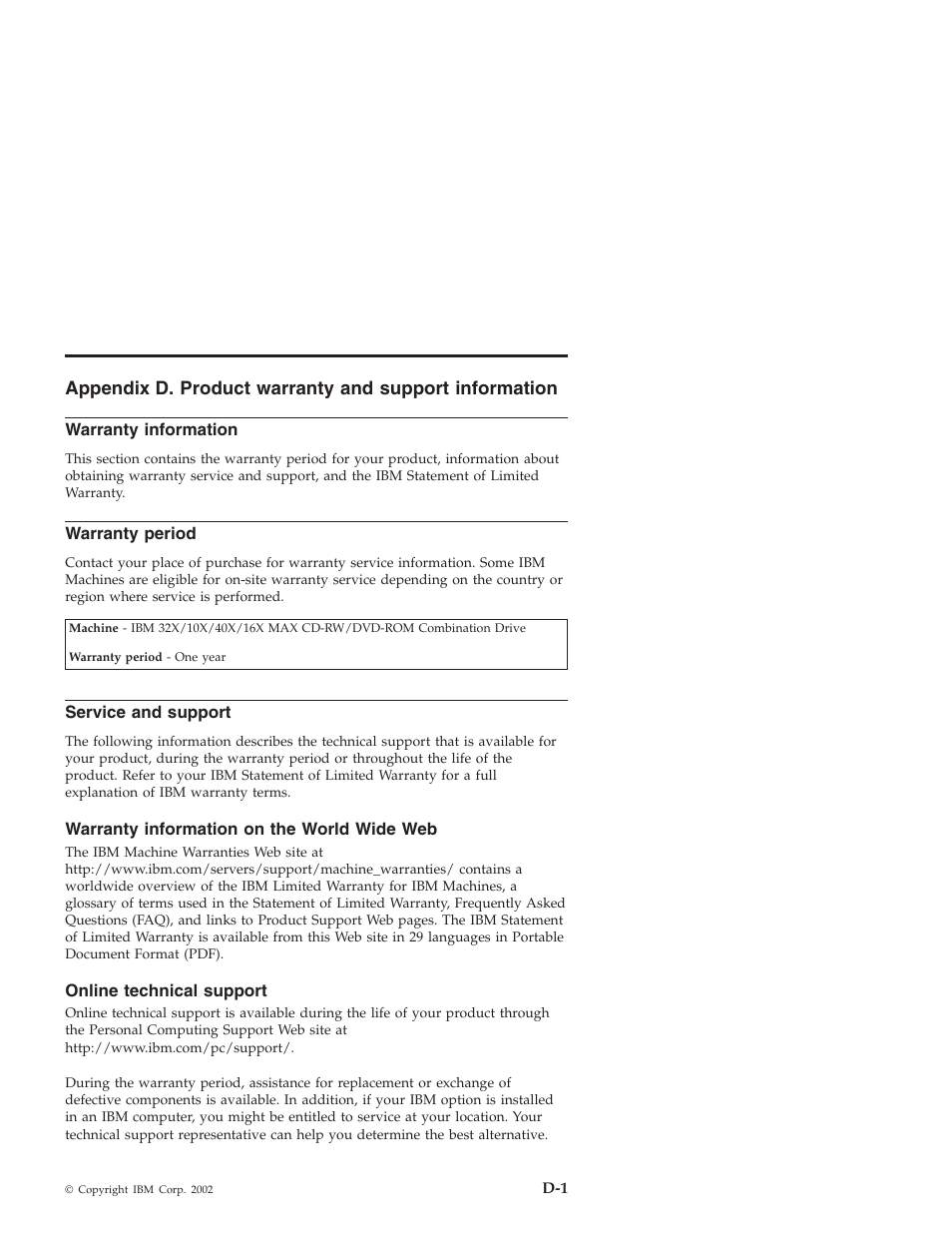 Warranty information, Warranty period, Service and support | Warranty information on the world wide web, Online technical support | IBM 22P6975 User Manual | Page 33 / 54