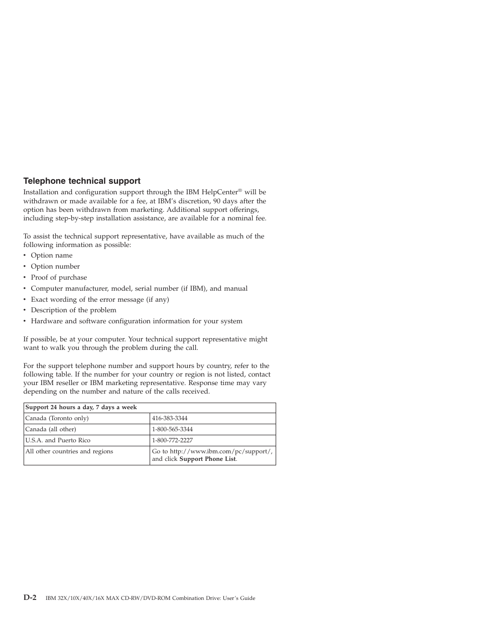 Telephone technical support | IBM 22P6975 User Manual | Page 34 / 54