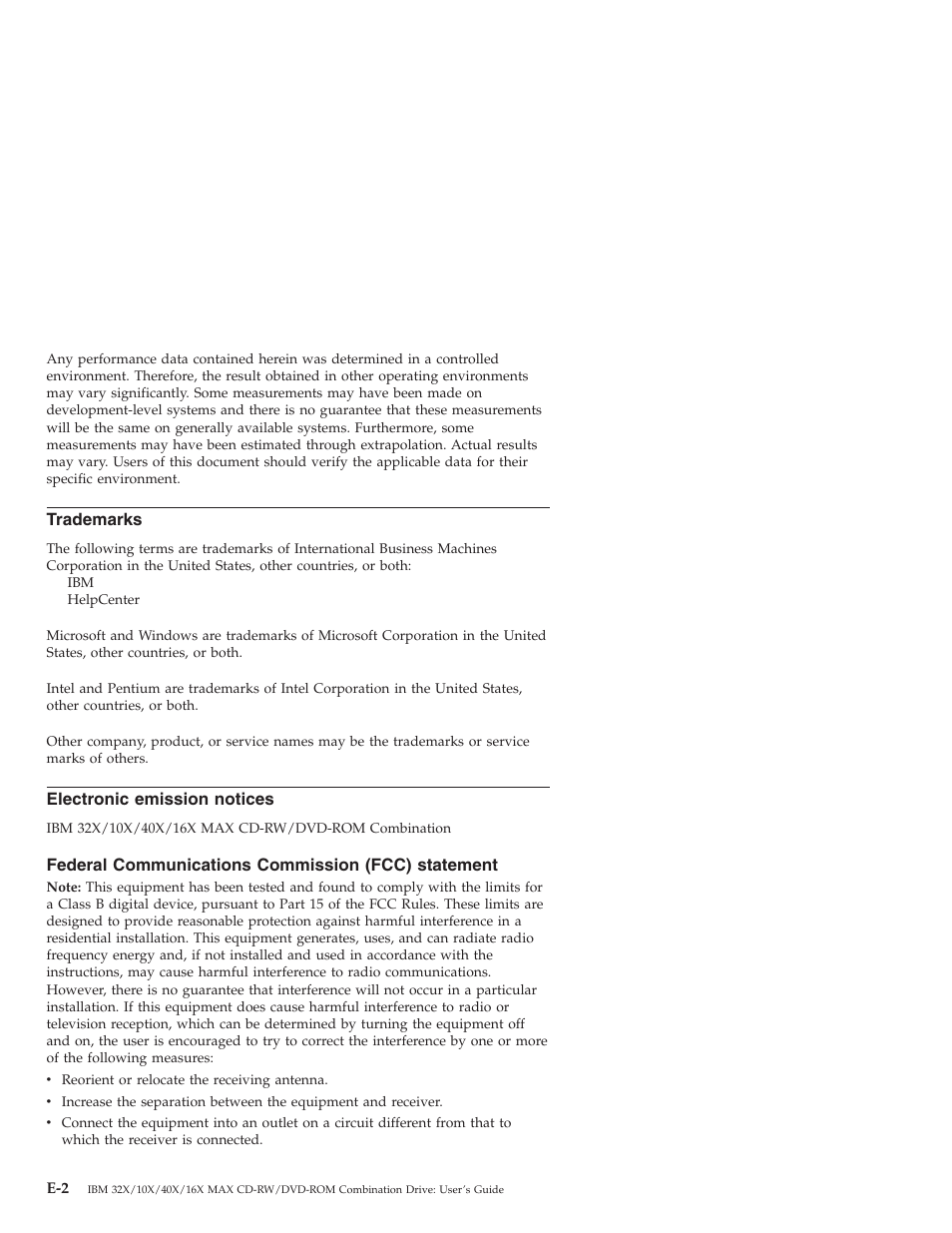 Trademarks, Electronic emission notices, Federal communications commission (fcc) statement | IBM 22P6975 User Manual | Page 48 / 54