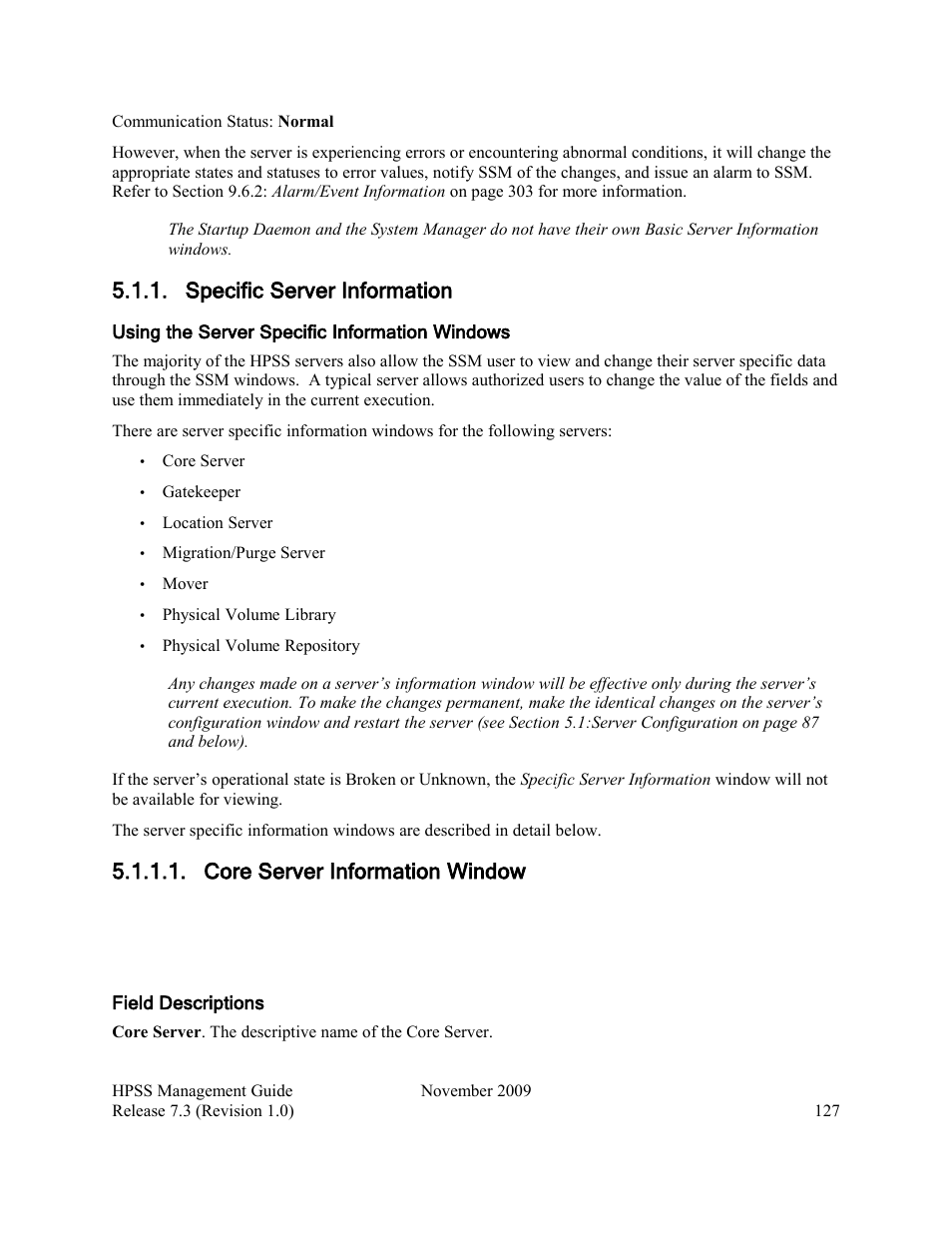 Specific server information, Core server information window | IBM RELEASE 7.3 User Manual | Page 127 / 388