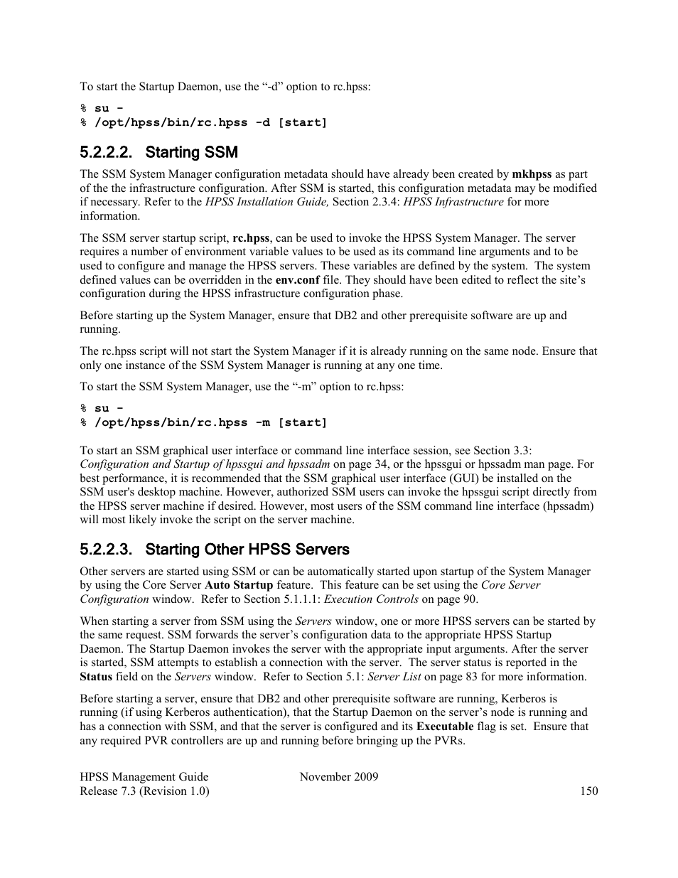 Starting ssm, Starting other hpss servers | IBM RELEASE 7.3 User Manual | Page 150 / 388