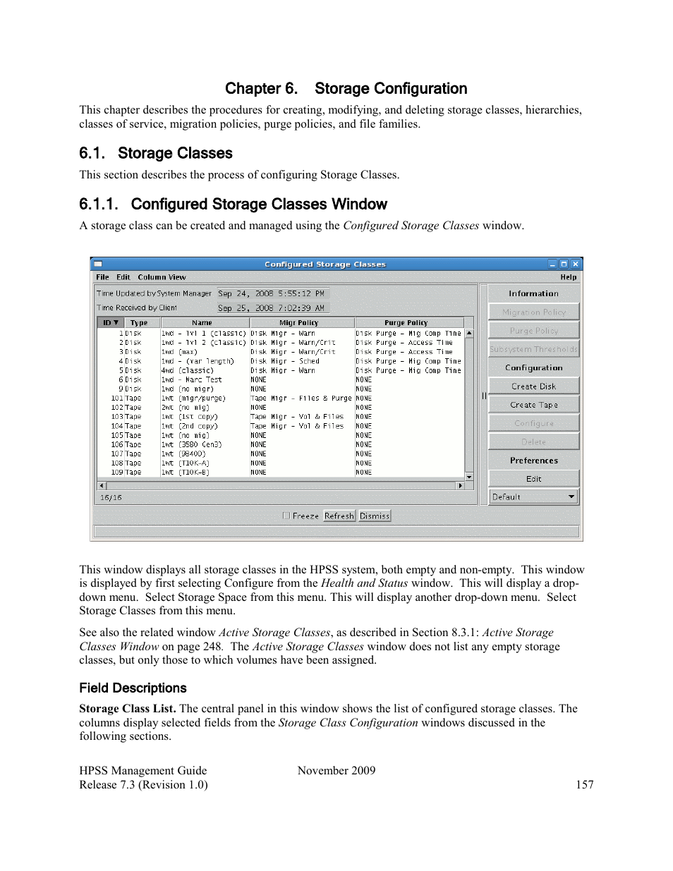 Chapter 6. storage configuration, Storage classes, Configured storage classes window | Configured storage classes | IBM RELEASE 7.3 User Manual | Page 157 / 388