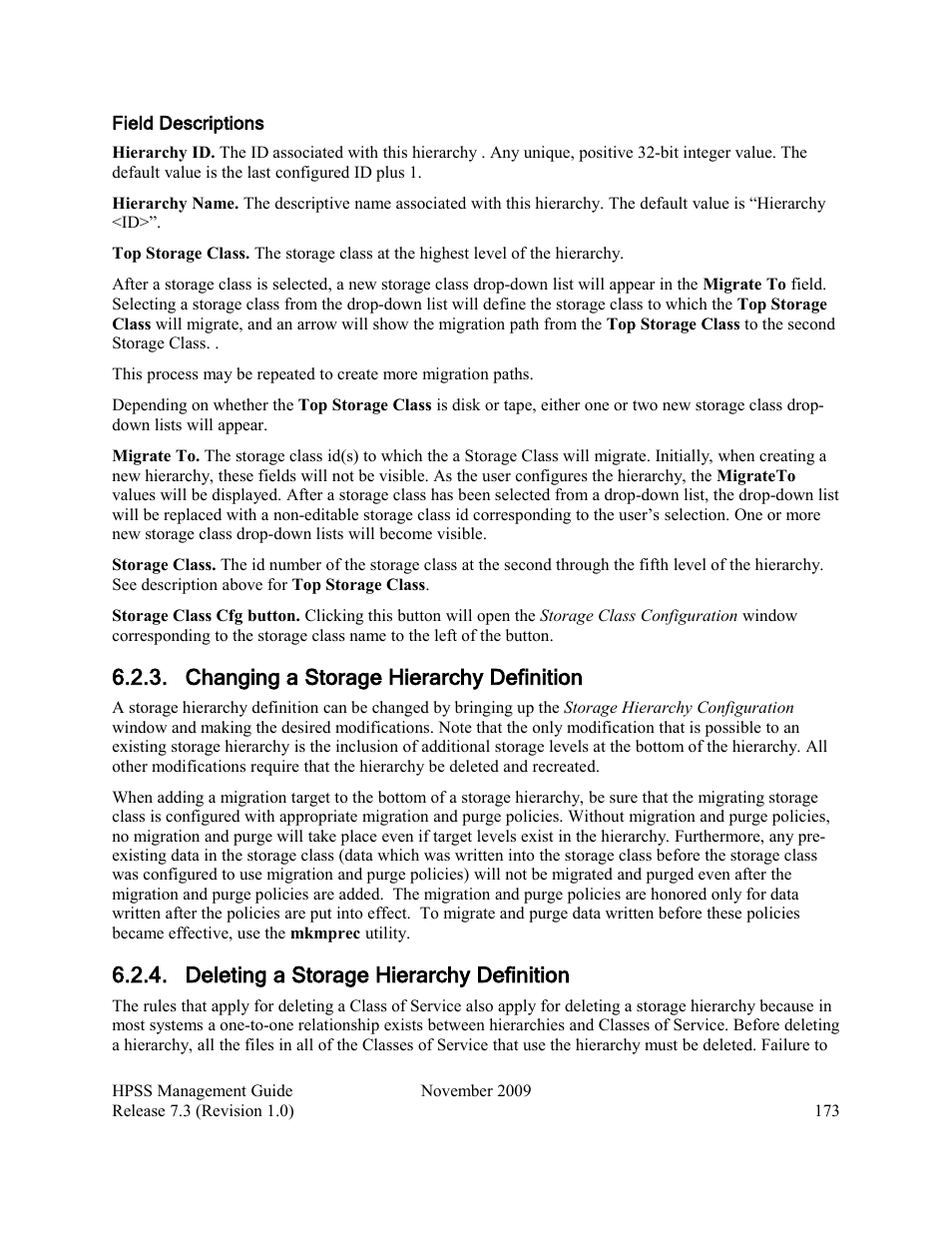 Changing a storage hierarchy definition, Deleting a storage hierarchy definition | IBM RELEASE 7.3 User Manual | Page 173 / 388