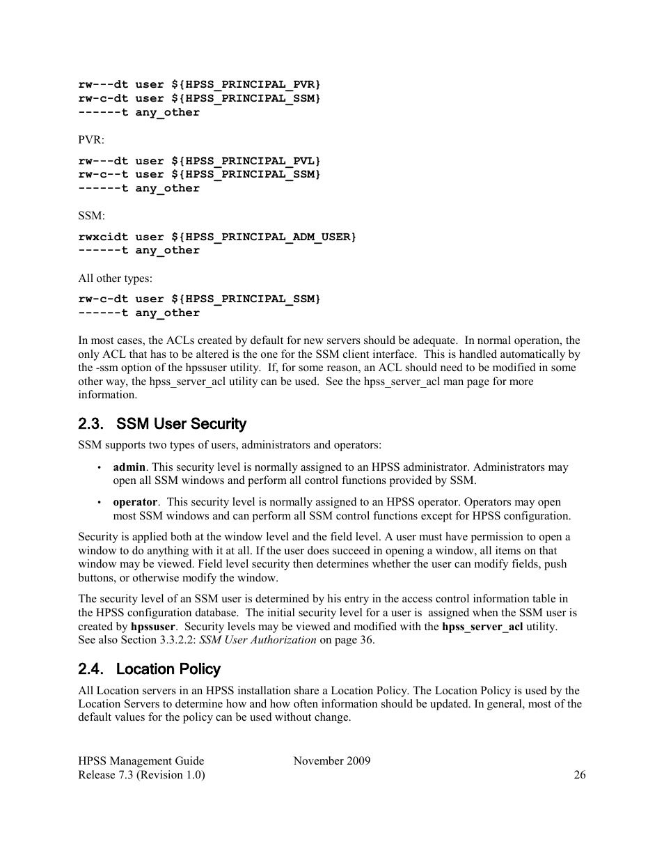 Ssm user security, Location policy | IBM RELEASE 7.3 User Manual | Page 26 / 388