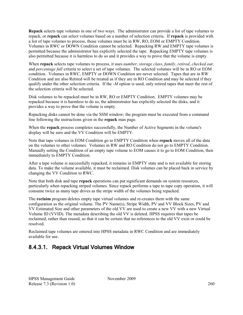Repack virtual volumes window | IBM RELEASE 7.3 User Manual | Page 260 / 388