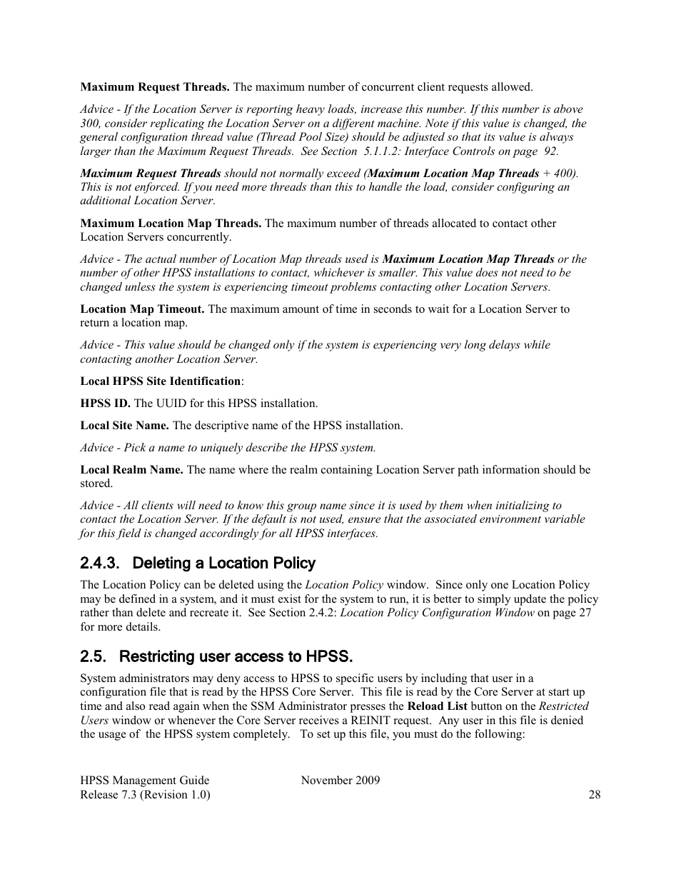 Deleting a location policy, Restricting user access to hpss | IBM RELEASE 7.3 User Manual | Page 28 / 388