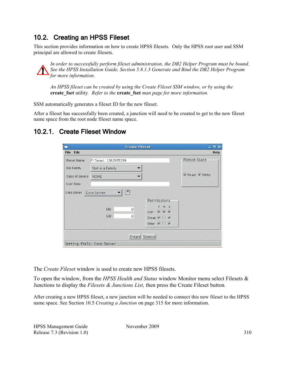 Creating an hpss fileset, Create fileset window | IBM RELEASE 7.3 User Manual | Page 310 / 388