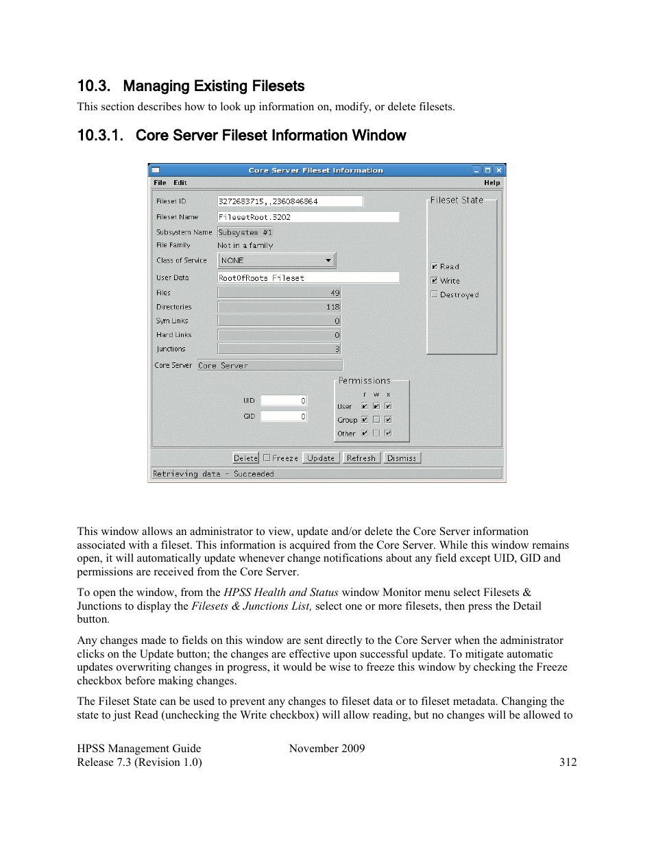 Managing existing filesets, Core server fileset information window | IBM RELEASE 7.3 User Manual | Page 312 / 388