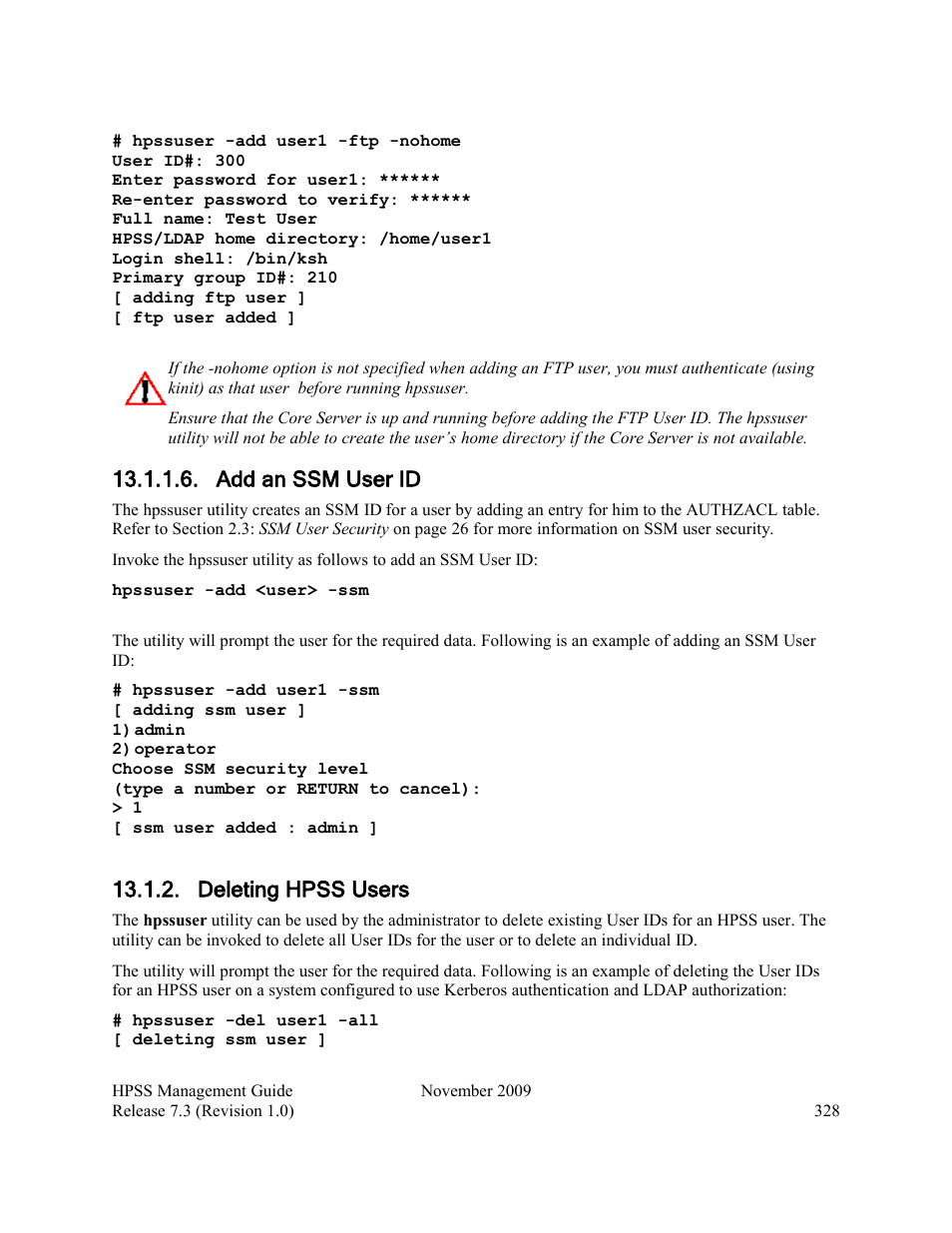 Add an ssm user id, Deleting hpss users | IBM RELEASE 7.3 User Manual | Page 328 / 388