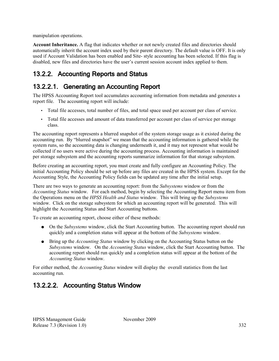 Accounting reports and status, Generating an accounting report, Accounting status window | IBM RELEASE 7.3 User Manual | Page 332 / 388