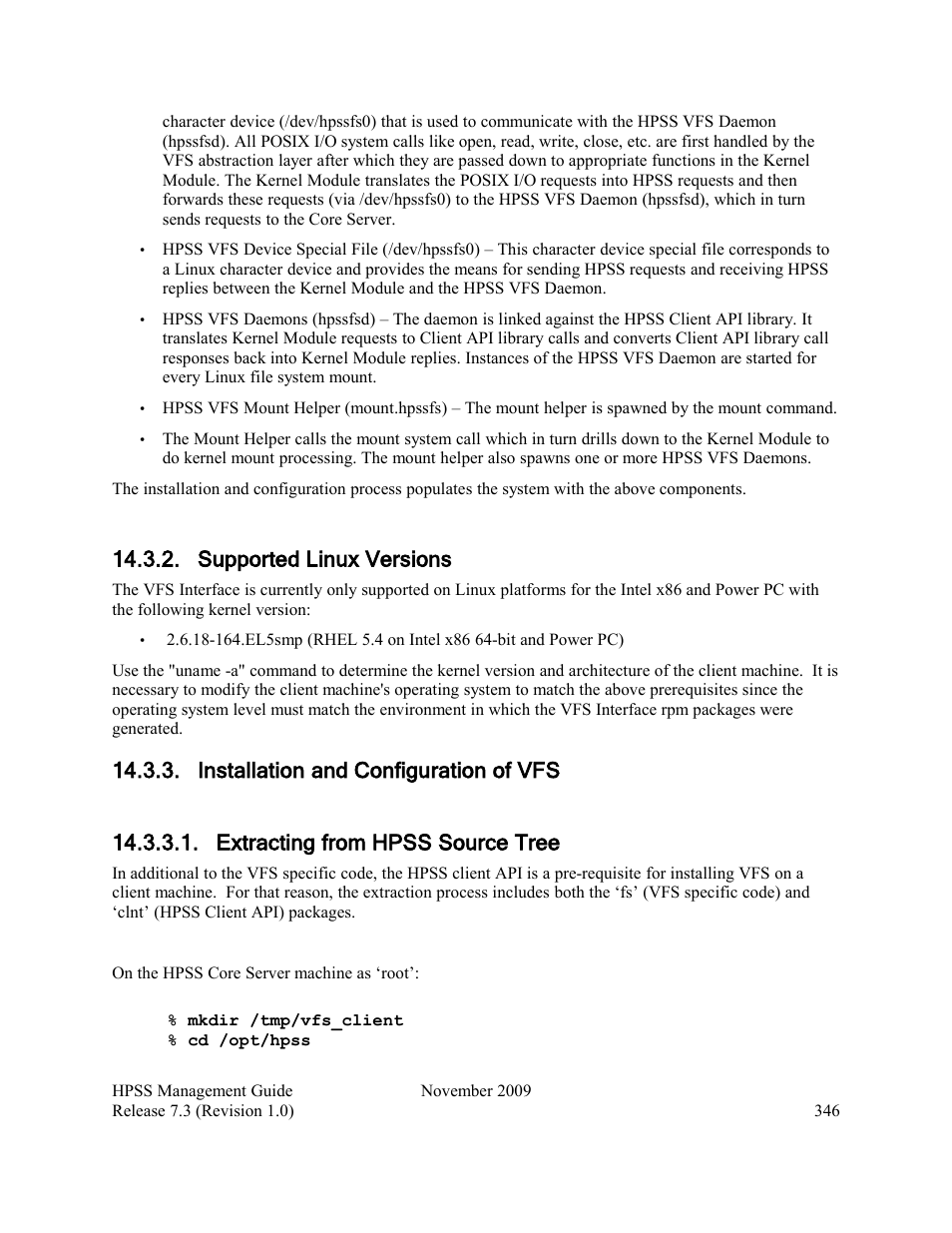Supported linux versions, Installation and configuration of vfs, Extracting from hpss source tree | IBM RELEASE 7.3 User Manual | Page 346 / 388