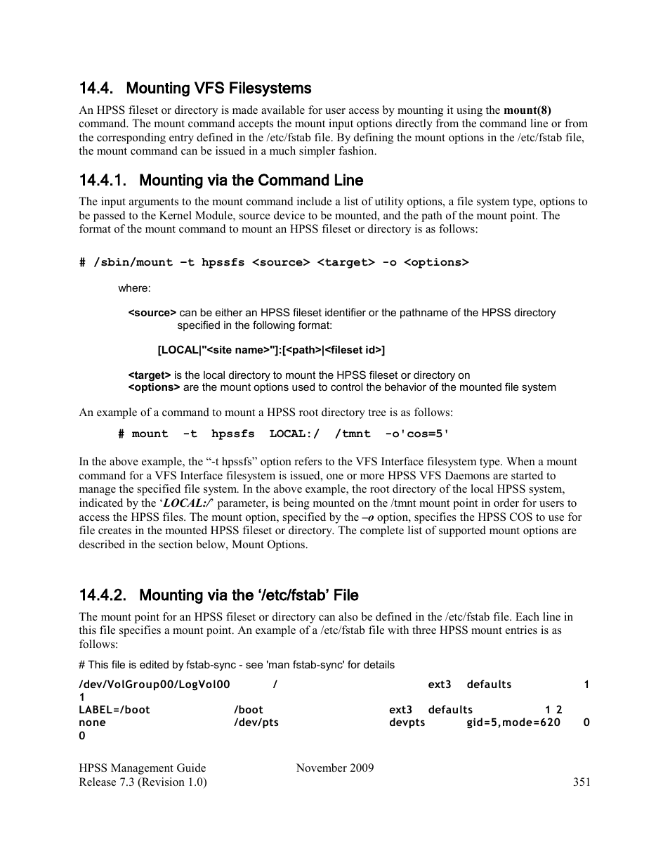 Mounting vfs filesystems, Mounting via the command line, Mounting via the ‘/etc/fstab’ file | IBM RELEASE 7.3 User Manual | Page 351 / 388